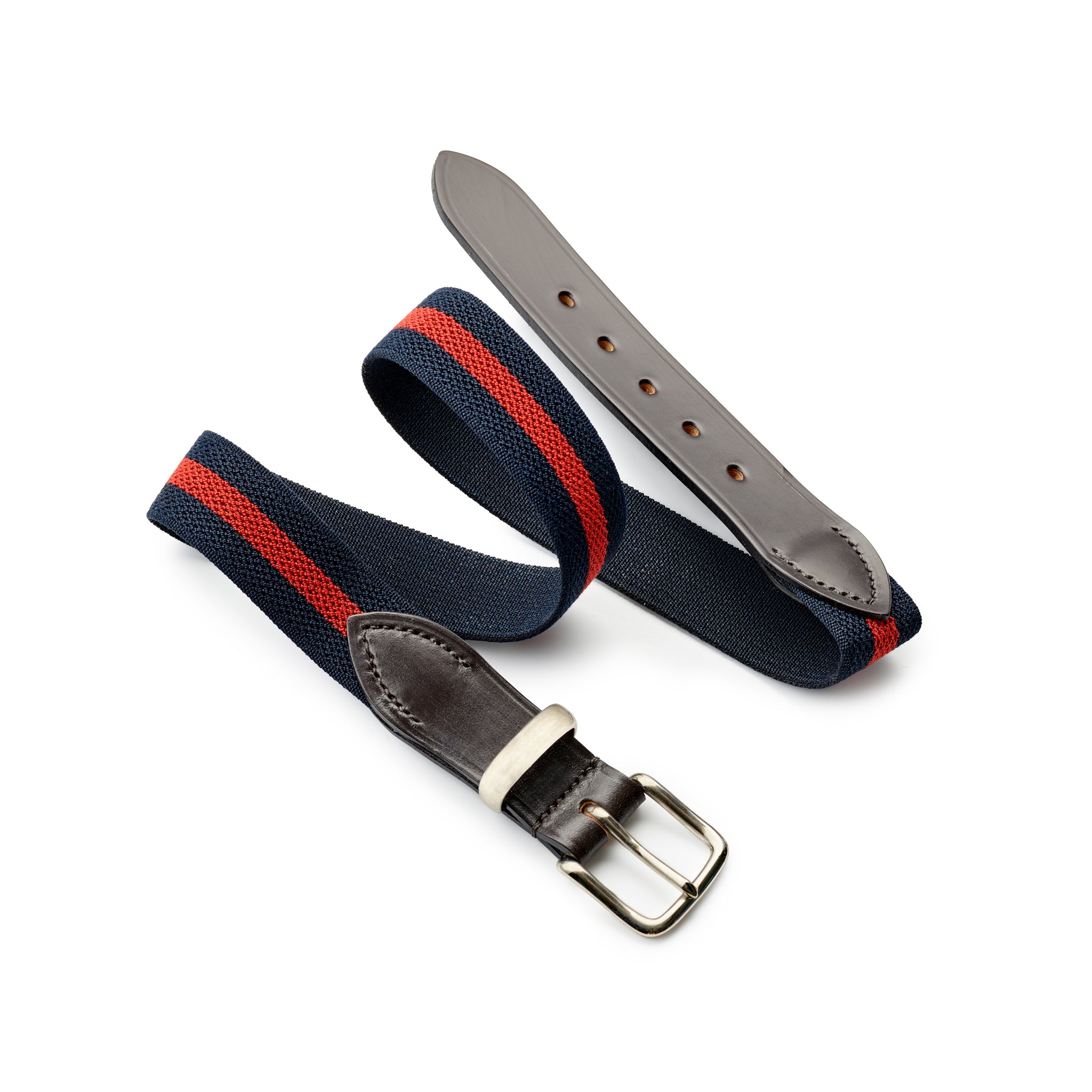 Navy and Red Stripe Webbing and Leather Belt with Brass Buckle – Drakes US