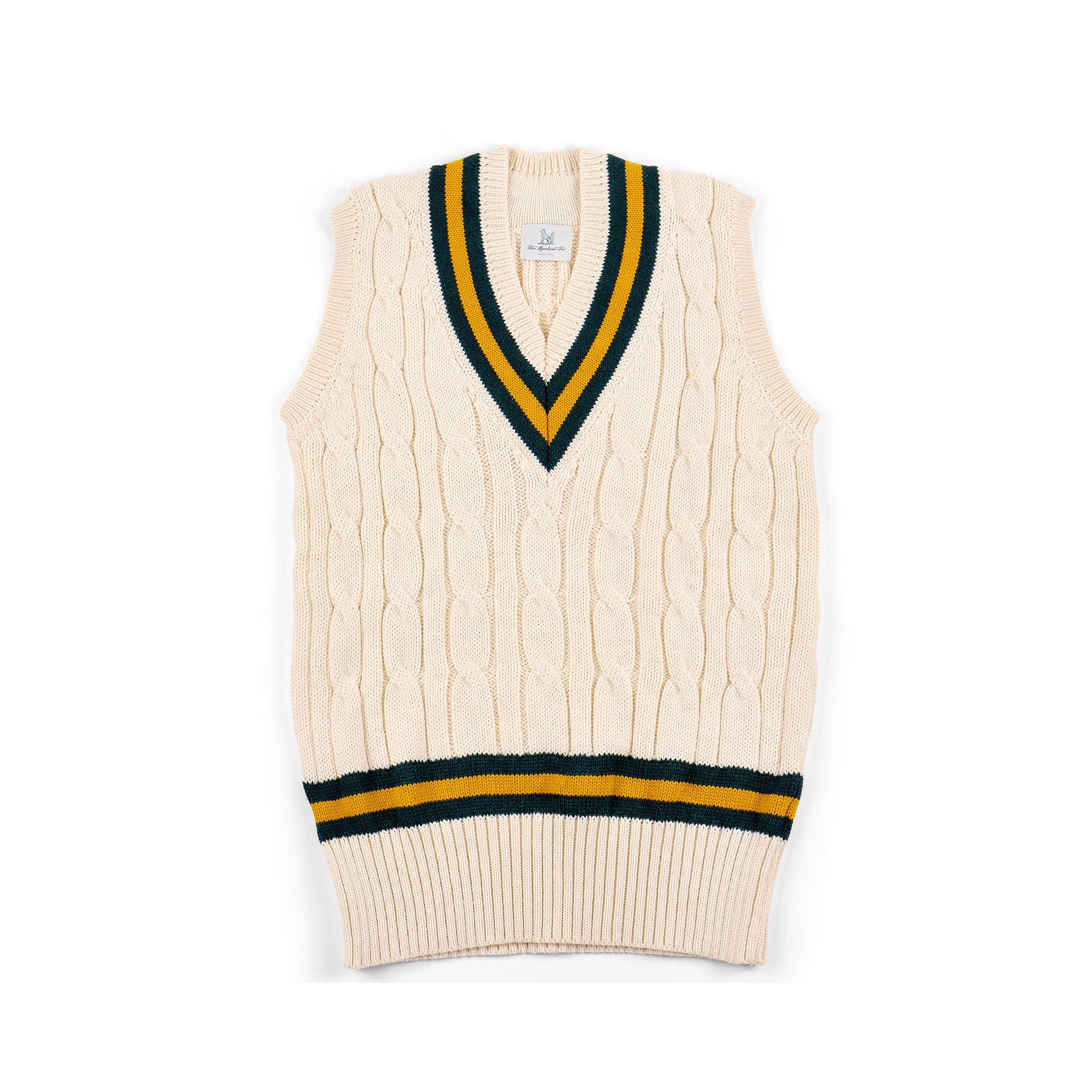 Fox Cricket Club Ecru Slipover with Green & Gold Stripes